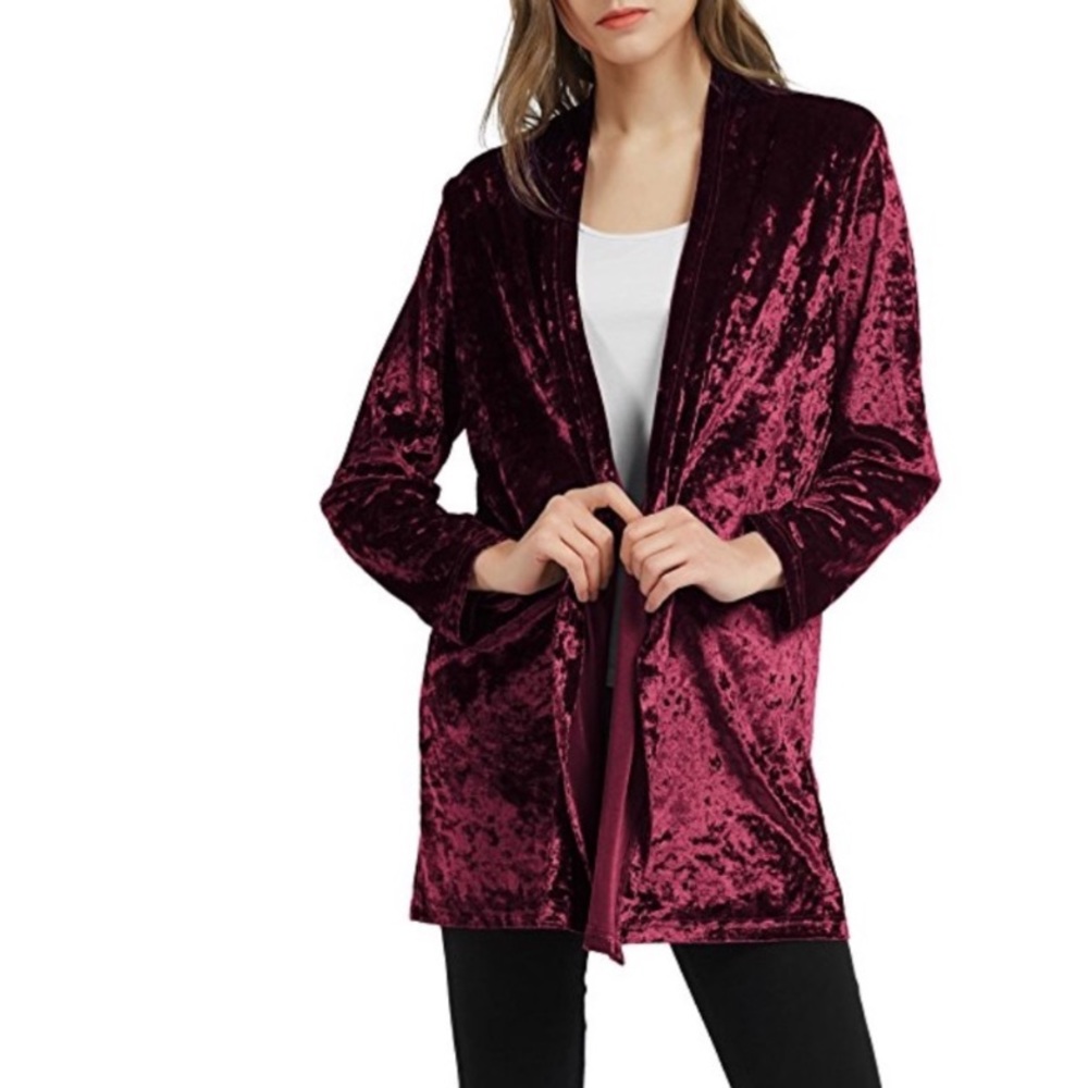 Deep maroon long velvet Cardigan with tie belt